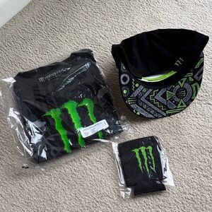Monster Energy Black and Green Cap + Shirt Bundle 6 Pieces